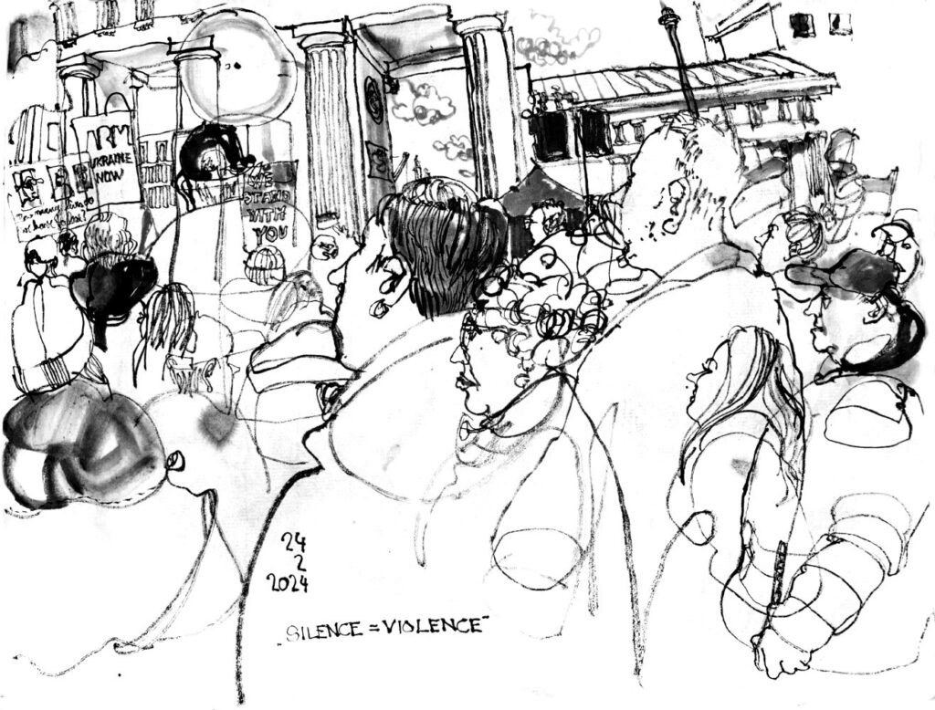 Ink drawing of a protest in support of ukraine - writings/signs: ‘How many lives do we have to lose?, Arn ukraine now, we stand with you, silence=violence