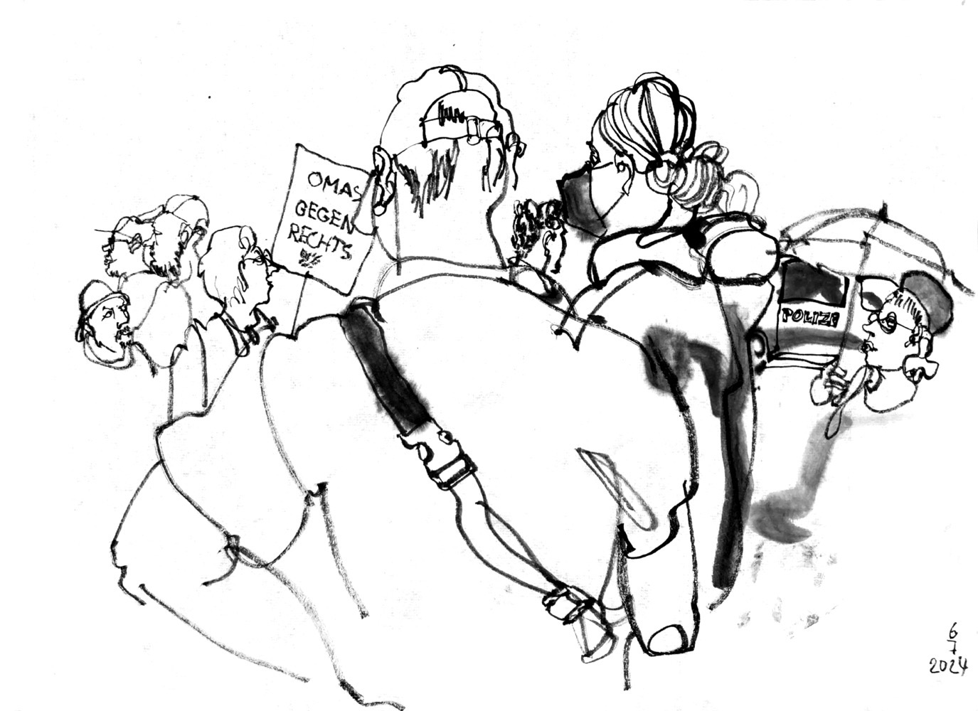 Ink drawing of a demonstration, one woman has a sign with komas gegen rechts’ on it, another woman carries an umbrella.