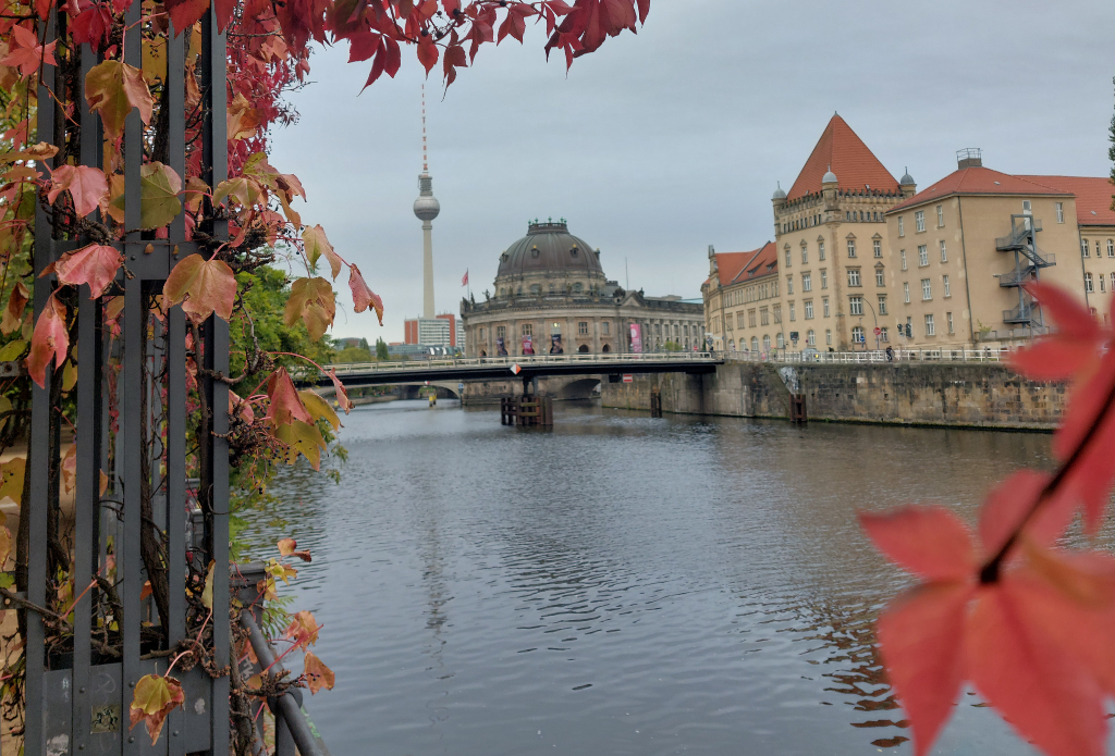 rote Blätter im Vordergrund, Bode-Museum und Spree; Hintergrund Fernsehturm